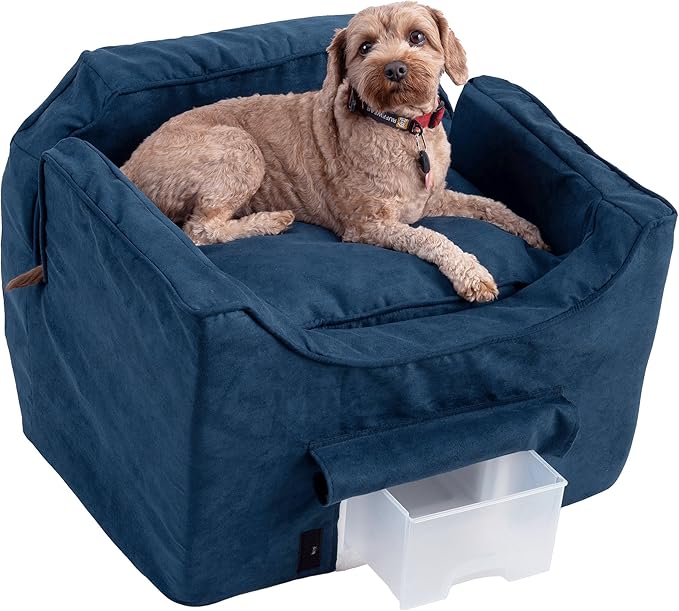 Snoozer Dog Car Seat with Storage Tray: Lookout II Dog Booster Car Seat for Pets up to 25lbs, Helps Alleviate Travel Sickness & Fear for Dogs, Removable Washable Cover – Sapphire, Size Medium