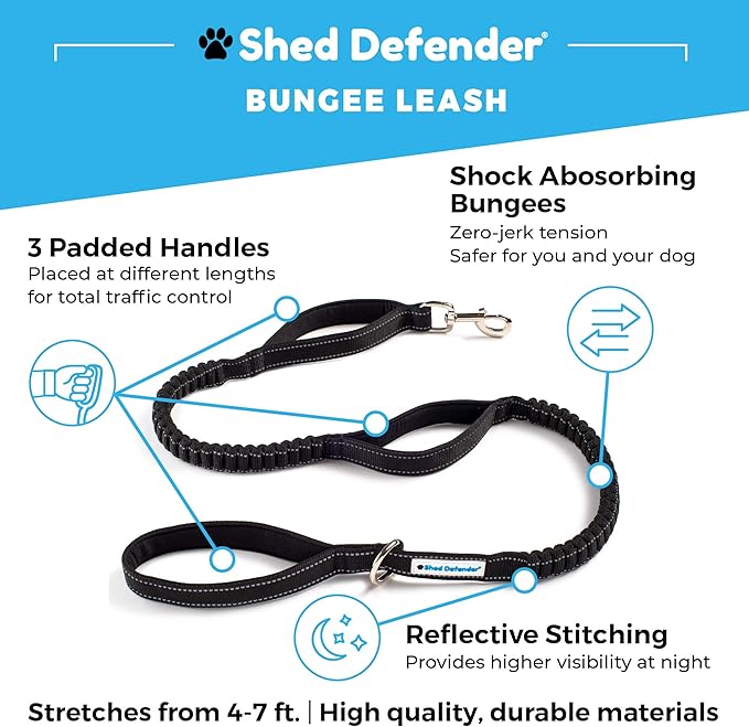 Shed Defender Shock Absorbing Bungee Leash - Three Padded Traffic Handles, Designed in The USA, Stretches 4-7ft, Elastic Dog Leash, Reflective Stitching, Large Dog & Small Breed, Heavy Duty, Red