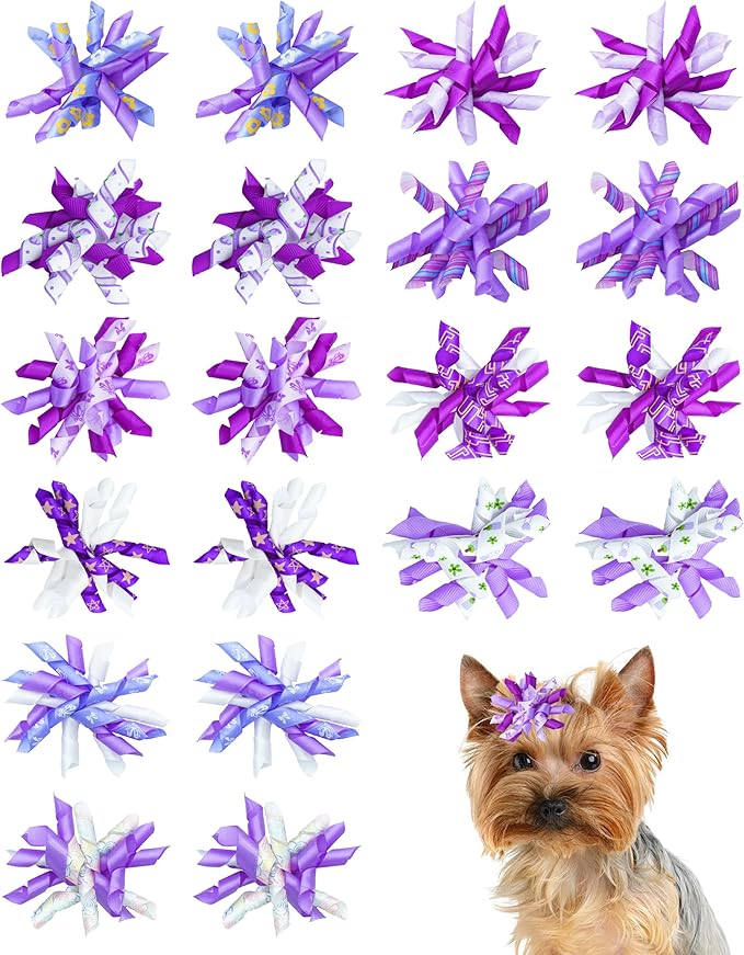 PET SHOW 20 Pack/10 Pairs Purple Curly Dog Hair Bows with Rubber Bands for Small Medium Dogs Girl Boy Spiral Puppy Swirl Topknot Cat Holiday Hair Accessories Pet Favor Gift(Purple)