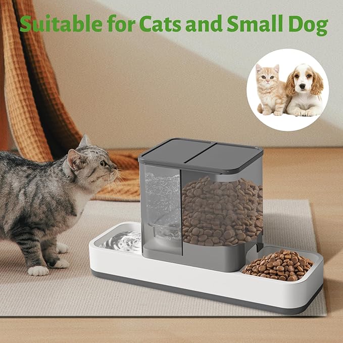 Yummy Sam Automatic Small Pet Feeder and Water Dispenser, 2 in 1 Gravity Cat Auto Pet Feeder and Waterer Set Feeder Dish for Small Medium Pets Dog Puppy Kitten (Grey)