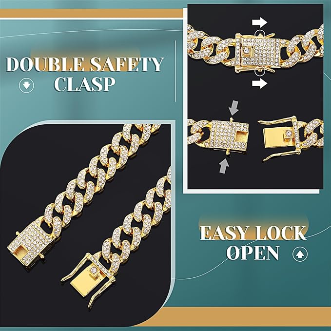 Xuniea 2 Pieces Glasses and Necklace for Doll Cat Dog Chain Collar and Sunglasses Set Rhinestone Collar with Secure Buckle Round Glasses(18 Inch,Gold, Black)
