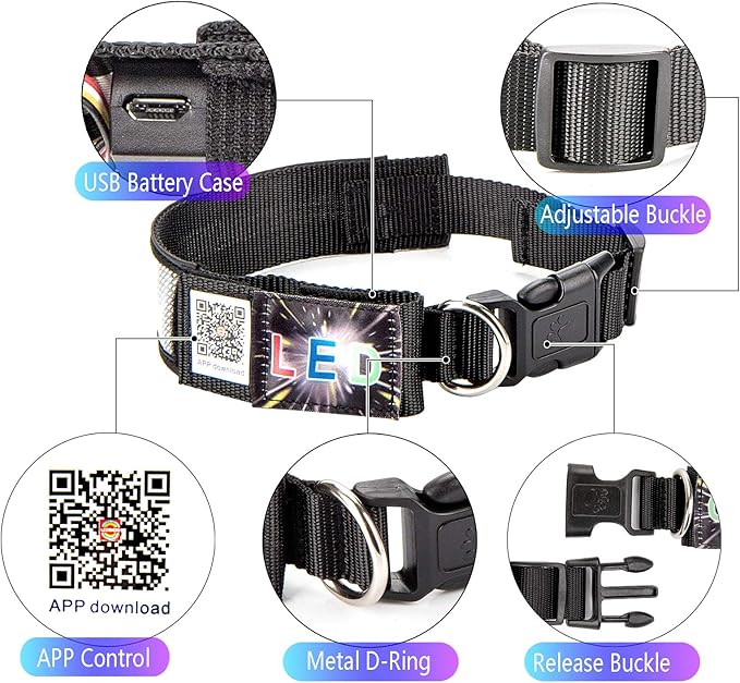 Leadleds Programmable Dog Collar Flashing Light Up Rechargeable Pet Dog Safety Collar Glow in The Dark Light-up Neck Loop - Blue LED
