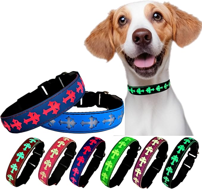 Pet Collar with AirTag Holder and ID Tag, 15 Lighting Modes, Waterproof Cross Pattern Design, Multiple Colors (Blue, S(7.87-11.8"))