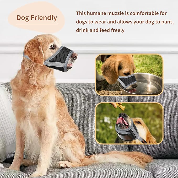 HEELE Dog Muzzle,Soft Nylon Muzzle Anti Biting Barking Chewing,Air Mesh Breathable Drinkable Adjustable Loop Pets Muzzle for Small Medium Large Dogs 4 Colors 4 Sizes (Gray, S)