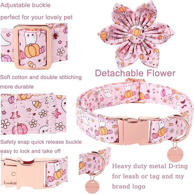 Halloween Dog Collar with Pink Flower, Adjustable Size, Premium Cotton, Sturdy Metal Buckle, Fits Small, Medium, Large Dogs & Cats