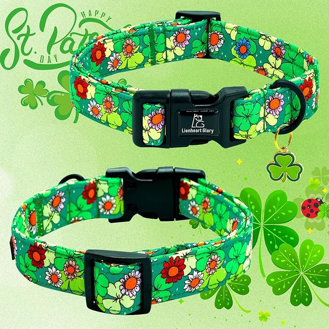 Lionheart glory St. Patrick's Dog Collar-Lucky Clover Shamrock Green Spring Trefoil Dog Collar for Small Dogs Adjustable Heavy-Duty Dogs Collars Pet Gift Female