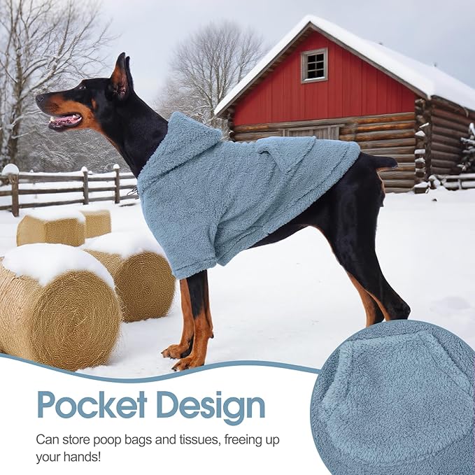 IDOMIK Fuzzy Dog Sweater with Adjustable Hood, Warm Fleece Dog Sweater Hoodie with Harness Hole & Pocket, Pullover Sweaters for Large Dogs, Fuzzy Hooded Sweatshirt for Fall Winter Christmas,Blue,3XL