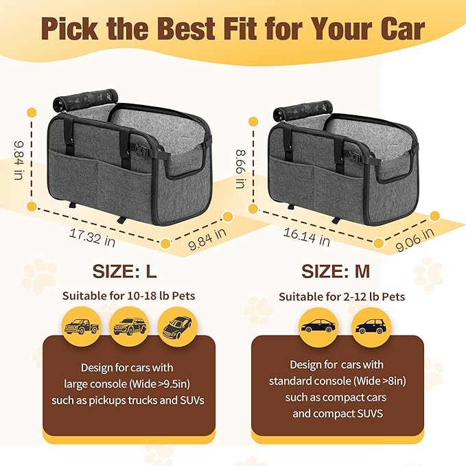 YUDODO 2-12lbs Center Console Dog Car Seat, Anti-Slip Pet Cat Booster Seat for Small Dogs, Portable Puppy Bed Carseat Carrier PU Leather Gray