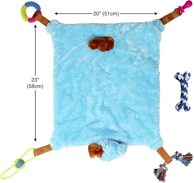 Puppy Play Mat with Toys for Small Breeds - Blue, 23”x20” - Multi-Functional Interactive Toy and Sleeping Pad with Detachable Dog Toys for Small Dogs to Keep Busy, Puppy Gifts for New Owner