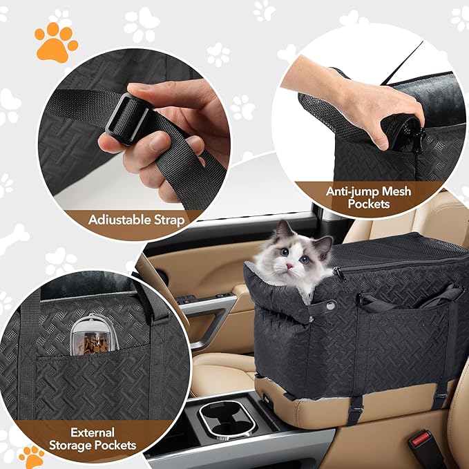 Center Console Dog Car Seat for Small Dogs Cats (Up to 15 lbs) - Washable, Foldable Pet Booster Seat with Safety Hooks, Adjustable Straps & Storage Pocket