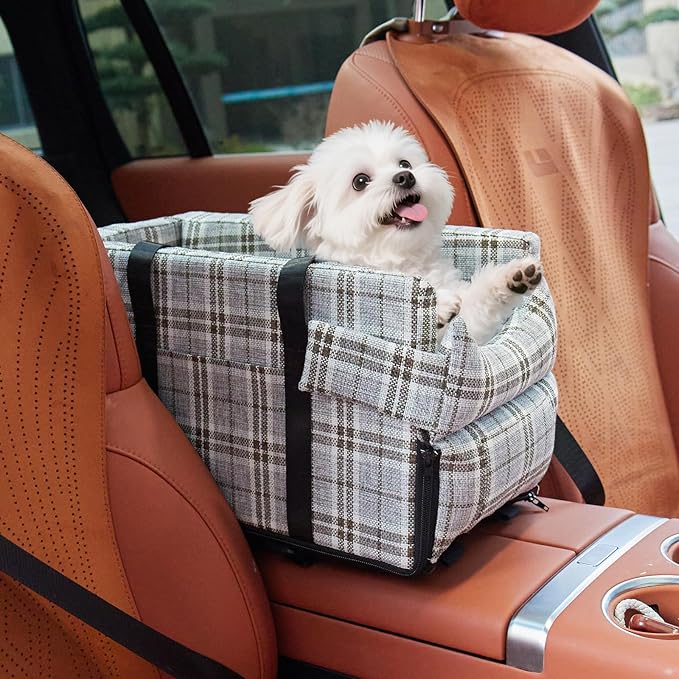 Dog Car Seat for Small Dogs - Portable Center Console Booster Seat with Anti-Collapse Design & Safety Tethers, Pet Travel Carseat Up to 15 lbs -Grey