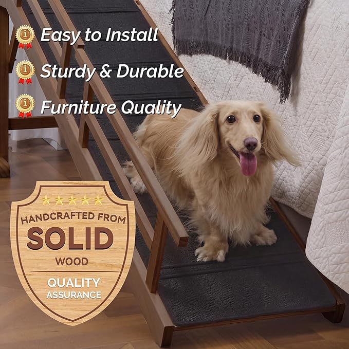 Dog Ramp for Bed or Couch, Wooden Pet Ramp with 20° Gentle Slope, Removable Side Rails, Non-Slip Surface, Top Platform & Wheels, Safe Bed Ramp for Small, Medium & Senior Dogs, 74" Long, Walnut