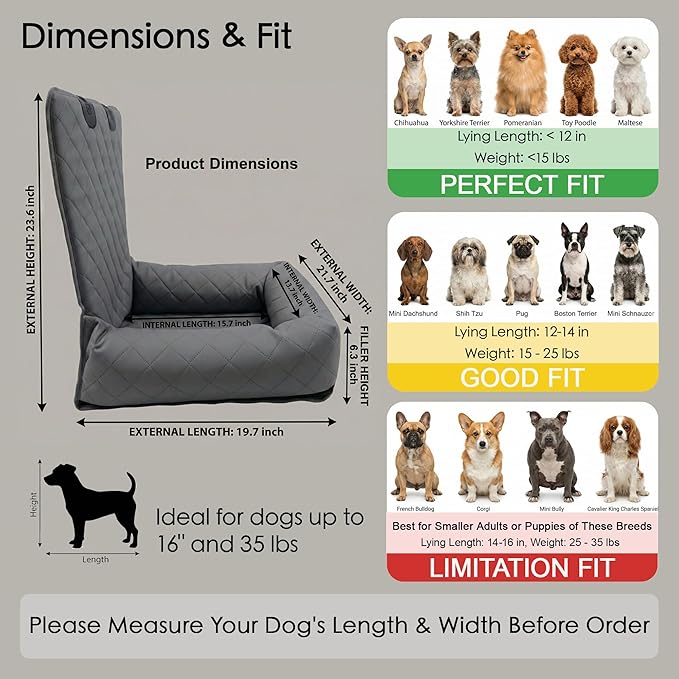 Dog Car Seat for Small & Medium Dogs – Waterproof Microfiber Leather Pet Car Seat with Washable Pee Pad, Scratch & Fur Resistant, Foldable Dog Bed for Home & Travel, Non-Slip Design, Matte Gray