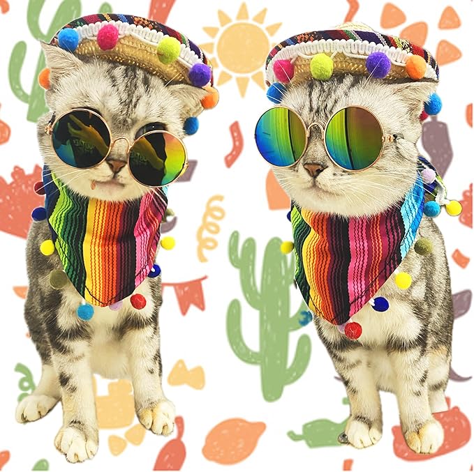 Multicolor Cinco De Mayo Cat Bandana & Dog Triangle Bib - 9 PCS Mexican Pet Bandanna Sunglasses, Sombrero Hat & Mustache Decorations