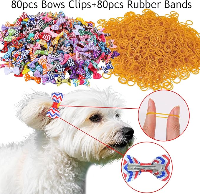 XIMA 160 Pieces Pet Hair Bows with Clips and Rubber Bands, Multicolor Puppy Dog Grooming Accessories