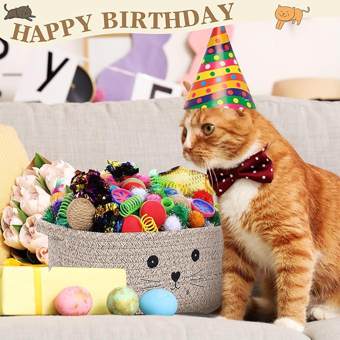 Zopeal 58 Pcs Cat Storage Basket Gift Toys Set, Colorful Flashing Balls Pet Bell Crinkle Balls Spring Toys Attract Cat to Swat, Hunt, Interactive for Pet(Dark Brown,12 Inch)