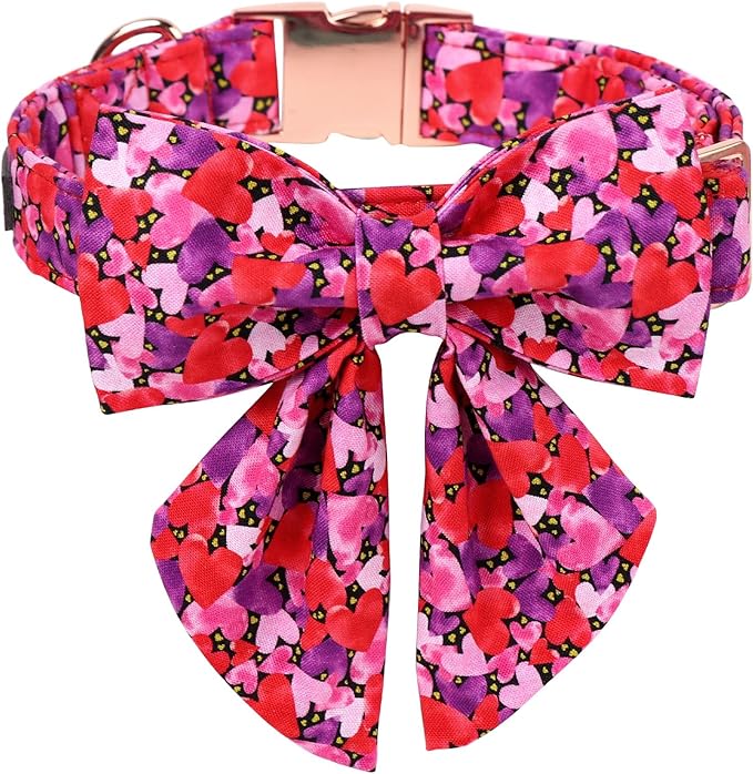 Maca Bates Valentine's Day Dog Collar with Sailor Bow for Extra Large Girl Boy Dogs,Tiedyed Love Hearts Pattern,Adjustable Durable Soft Valentine Gift for Female Male Puppy