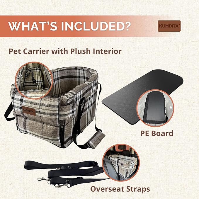 Kumdita' Center Console Car Seat & Carrier for Small Dogs & Cats with Dual Over-Seat Straps, Sewn-in Safety Leash & PE Board Base (Chequed)