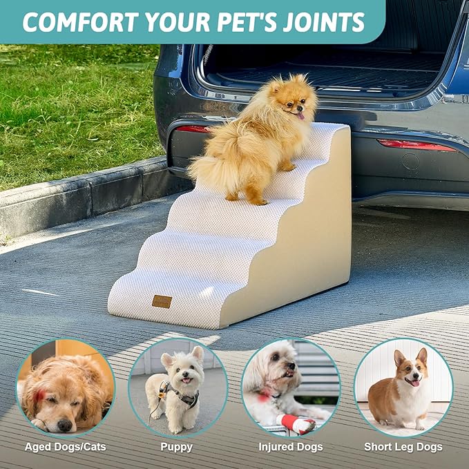 Wide Dog Stairs for Small Dog 22.6" H, Curved Pet Step for Puppy, Older Cat, Curved Ramp for High Bed or Car, Ladder with High Density Foam, Durable, 5 Step, 17.7x33x22.6 inch, Beige