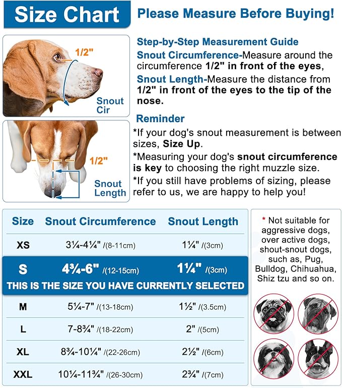LUCKYPAW Dog Muzzle, Mesh Muzzle for Small Medium Dogs, Soft Mouth Cover to Prevent Biting Chewing, Drinkable Breathable Adjustable Puppy Mouth Guard(S, Blue)