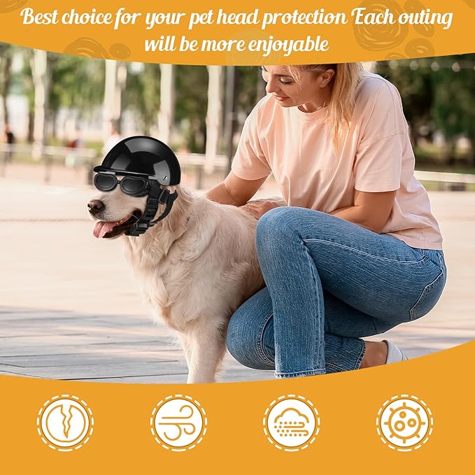 Frienda Dog Helmet and Goggles, UV Protection Doggy Sunglasses and 4 Inch Padded Puppy Motorcycle Helmet Adorable Dog Goggles with Adjustable Belt for Small Dogs Puppy Riding(Black,L)