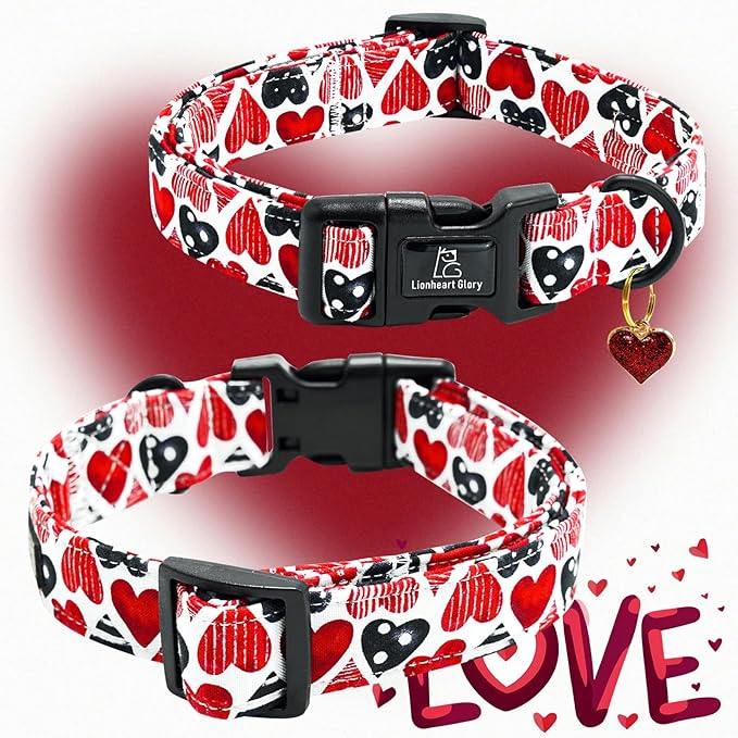 Lionheart glory Valentine's Dog Collar-Red Hearts Cute Spring Dog Collar for Medium Dogs Female Male Adjustable Heavy-Duty Dogs Collar Holiday Pet Gift