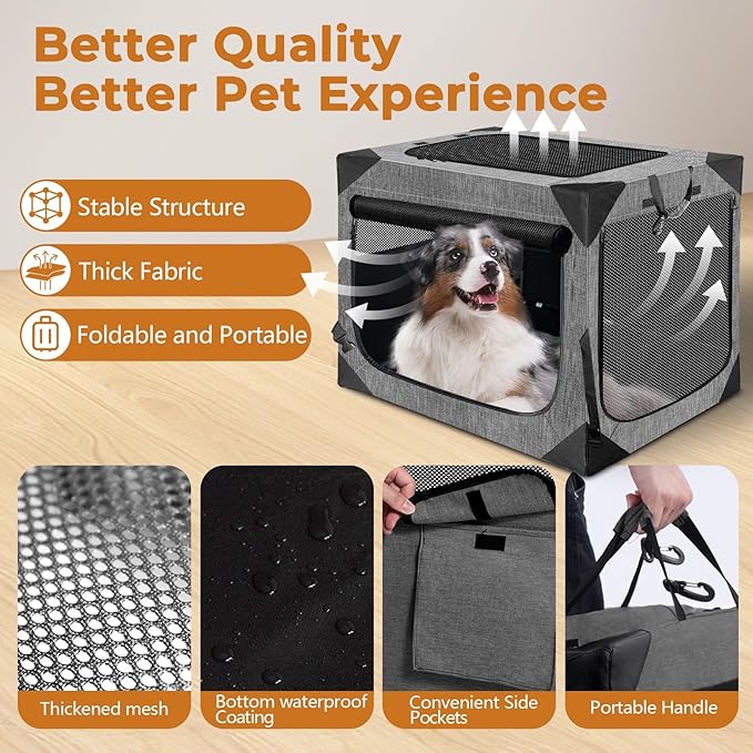 Dog Crate, Collapsible Soft Travel Crate for Large Dogs (3 Year Warranty), Indoor & Outdoor Portable Pet Kennel with Chew-Proof Mesh Window (Dark Gray, 36" L x 25" W x 25" H)