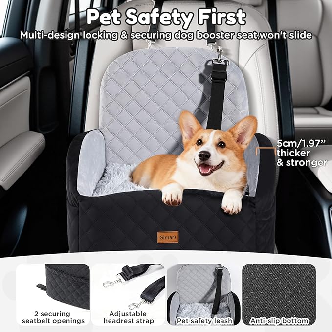 Gimars Reversible Dog Car Seat with Long & Short Plush Seat Cushion for Small/Medium Dogs Up to 40lbs, Detachable Washable Anti-Slip Dog Booster Seat with 5.9'' 28D Egg-Crate Foam, Safety Belt, S