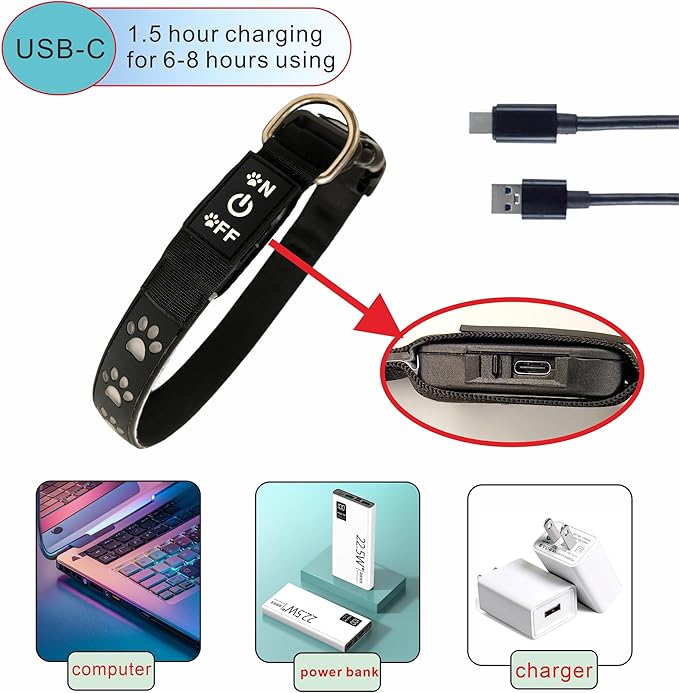 Personalized Xmas Hallowmas Flashing USB-C led Light up Dog Collar with Waterproof airtag Holder,Night Walking Dog Collar (Black, XL(19.7-23.6"))