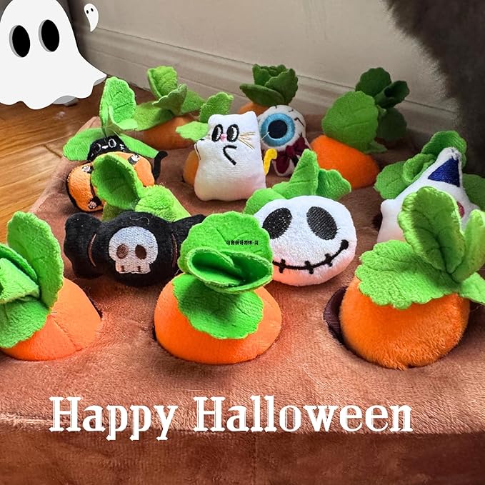Carrot Patch Cat Toy Halloween Edition, Carrot Mat Pocket with Pumpkin Design, 12 Squeaky Carrot with Pockets and 6 Ghost-Themed Toys for Indoor Cats Kicking and Biting