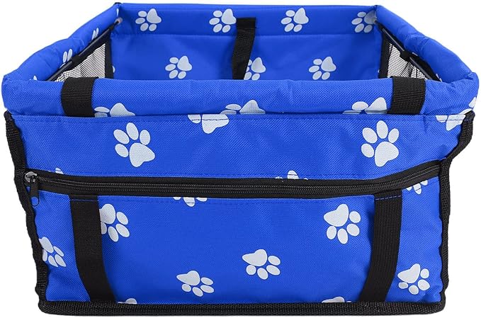 Pet Carrier Cage Dog Car Seat Bear Pattern Washable Foldable Pet Safety Travel Seat with Support Rod for Cars Oxford Cloth Material (Blue paw Print Support Stick Style)