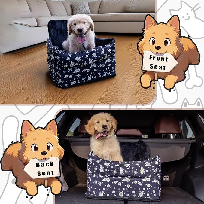 Cullaby Dog Car Seat for Small/Medium Dogs – Elevated Booster Seat with Detachable, Washable Cover, Safety Belts, and Storage Pockets Car Back Seat (Black Daisy, 15.75 * 17.72 * 9.84")