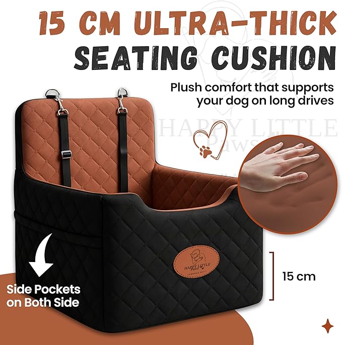Dog Car Seat Booster for Small Dogs – Thick Cushion Elevated Travel Seat with Safety Straps, Reinforced Frame, Fits Cars & SUVs (Up to 35 lbs)