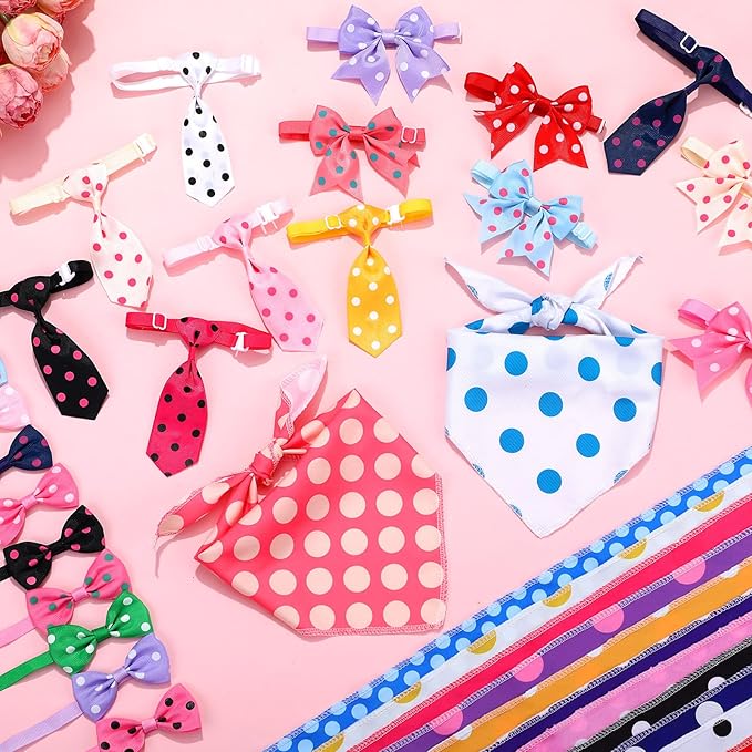 Reginary 120 Pcs Polka Dot Dog Bandanas Bulk Dog Bows Set Bow Ties Cat Scarf Colorful Washable Triangle Pet Kerchief Cute Bib for Summer Small Medium Large Pets Grooming Accessories Costume