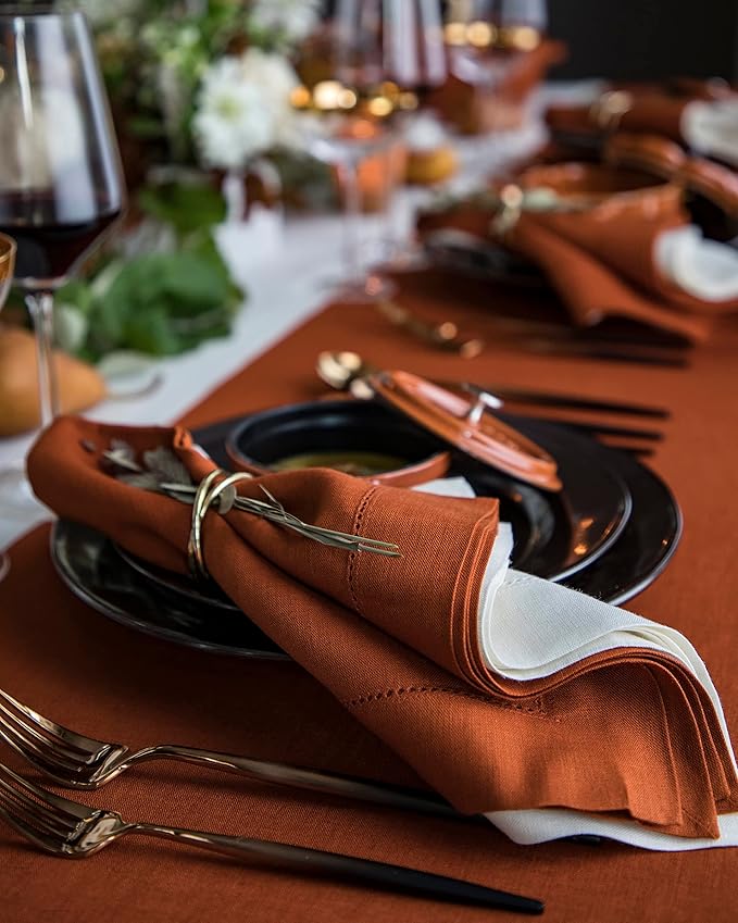 Solino Home Linen Placemats Set of 4 - Classic Hemstitch Cinnamon Placemats 14 x 19 Inch - 100% Pure Linen Table Mats for Winter
