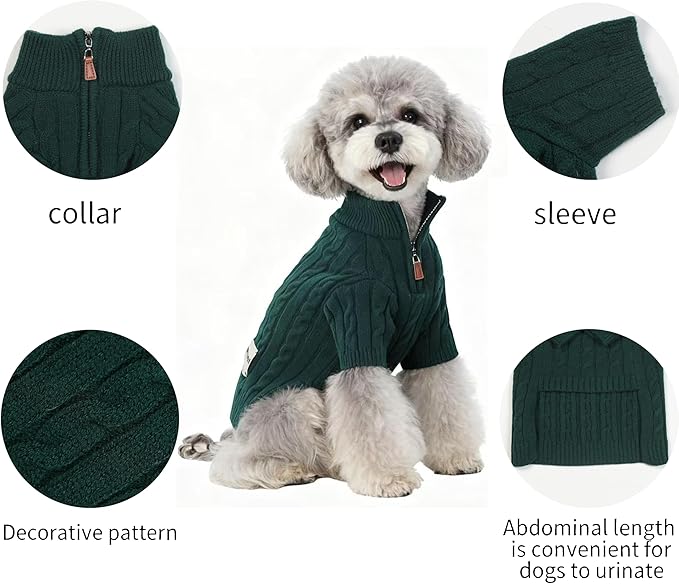 Small/Medium Dog Sweater, Warm Dog Winter Coat w/Sleeves, Comfortable High Neck Premium Dog Clothes for Mini Poodle-Best for Holidays, Daily Walks S Green