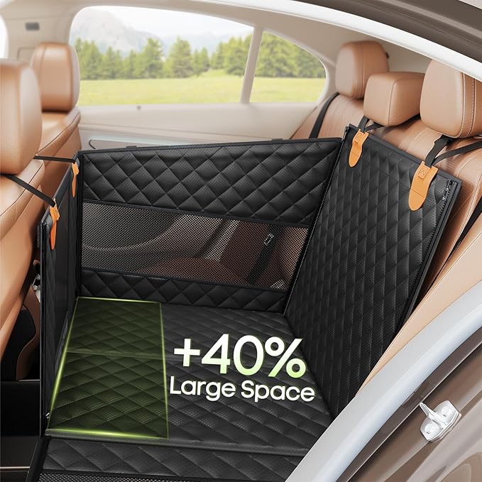 Dog Car Seat for Large Medium Dogs, Back Seat Extender for Pets with 4-Splice Hard Bottom, Waterproof Pet Seat Cover with 3 Mesh Windows for Cars, Trucks and SUVs