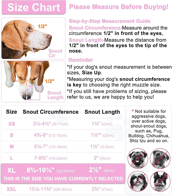 LUCKYPAW Dog Muzzle, Mesh Muzzle for Small Medium Large Dogs, Soft Mouth Guard to Prevent Biting Chewing, Drinkable Breathable Adjustable Puppy Mouth Cover(XL(Snout: 8¾"-10¼"), Pink)