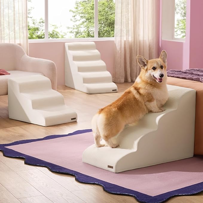 Lesure Dog Stairs for High Bed Pet Steps Ramp for Small Dogs with CertiPUR-US Certified Foam with Non-Slip Bottom, Beige, 5 Steps