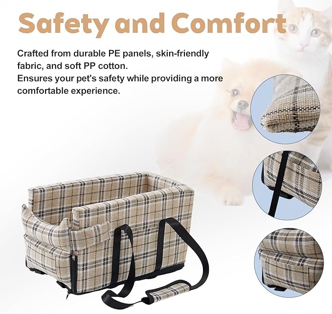Dog Car Seat for Small Dogs - Portable Center Console Booster Seat with Anti-Collapse Design & Safety Tethers, Pet Travel Carseat Up to 15 lbs- Beige