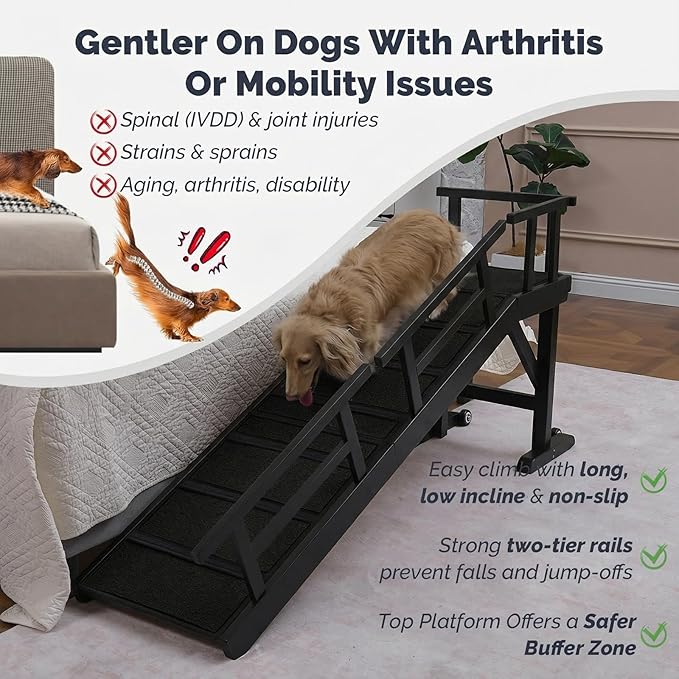 Dog Ramp for Bed or Couch, Wooden Pet Ramp with 20° Gentle Slope, Removable Side Rails, Non-Slip Surface, Top Platform & Wheels, Safe Bed Ramp for Small, Medium & Senior Dogs, 60" Long, Black