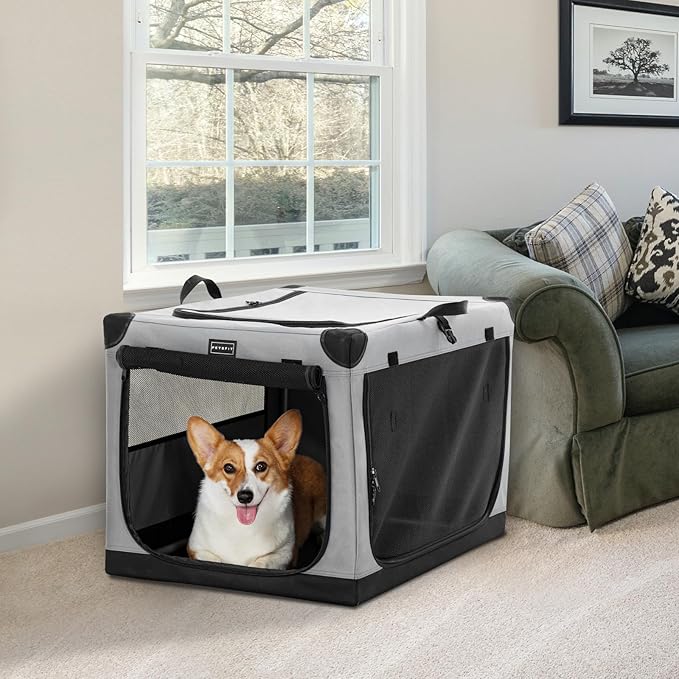 PETSFIT Collapsible Dog Crate, with Patented Adjustable Fabric Cover, Chewproof & Lockable Mesh Doors, Waterproof Base Portable Kennel Grey 30 Inch