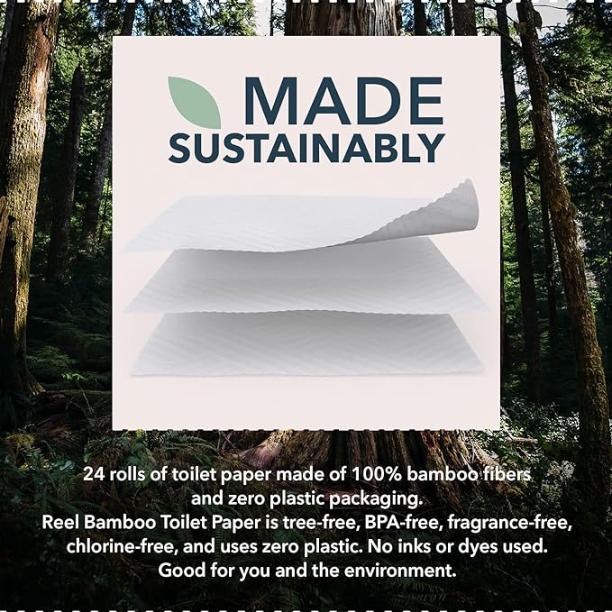 Reel 3-Ply Soft and Strong Bamboo Toilet Paper - 12 Rolls - Toxin-Free, Tree-Free, PFAS Free, BPA Free - Zero Plastic Packaging, Sustainable & Septic Safe