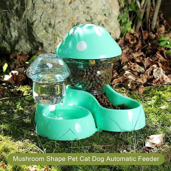 Pets Auto Feeder, Automatic Cat & Dog Gravity Food & Water Dispenser, Mushroom Shape Pet Food & Water Bowl for Small to Medium Pets, Puppy & Kitten - Blue