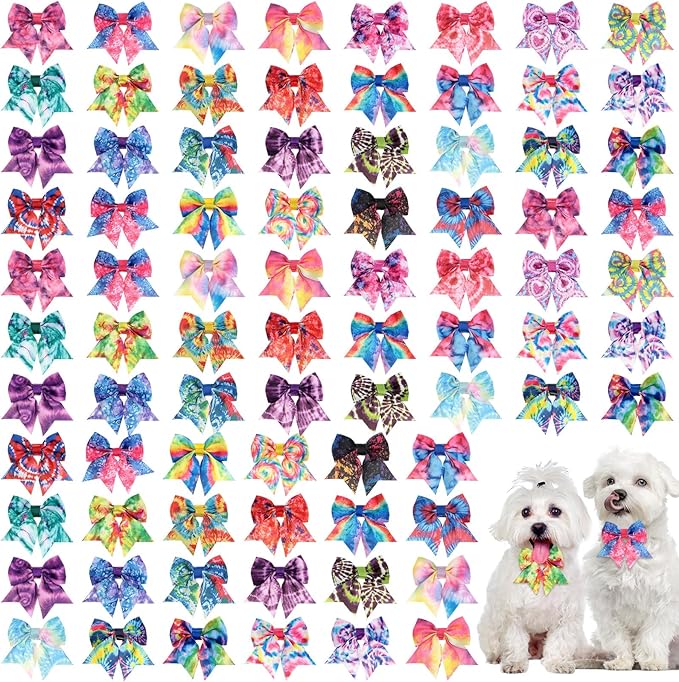 Wesiti 80 Pcs Dog Bows Ties for Small Dogs Assorted Pattern Pet Bowtie Collar Bows Cat Bowtie Collar Bowknot for Small Medium Puppy Pet Photography Grooming Party(Lively Style)
