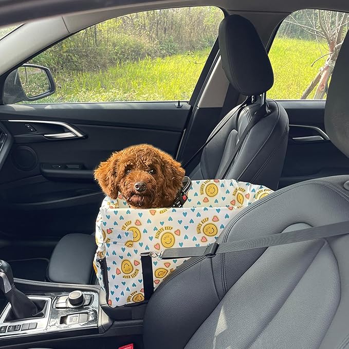 Center Console Dog Car Seat with Safety Strap Soft Cotton Cushion Detachable Armrest Pet Seat for Small Dogs Cats Under 14lbs Portable Travel Bag for Cars SUVs (Yellow)