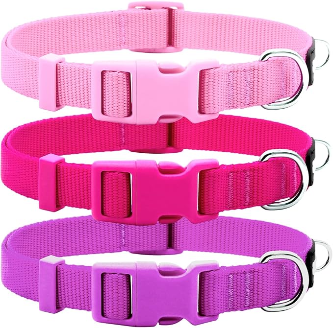 azuza 3 Pack Dog Collars Comfortable and Adjustable Nylon Dog Collars for for Small Dogs, S (11-16inch)，Pink, Hot Pink and Purple