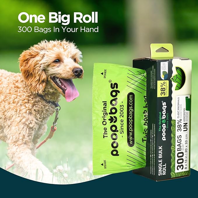 The Original Poop Bags® USDA Certified 38% Plant-Based Doggy Poop Bags Refills - Unscented, Leak-Proof & Strong, Single Bulk Roll, 300 Count