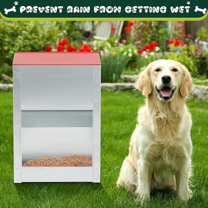2 Pcs 25 Lbs Large Automatic Dog Feeders with Handle Acrylic Panel Galvanized Gravity Feeder Outdoor Hanging for Doggie Breed Dog Food Dispenser Container(Red)