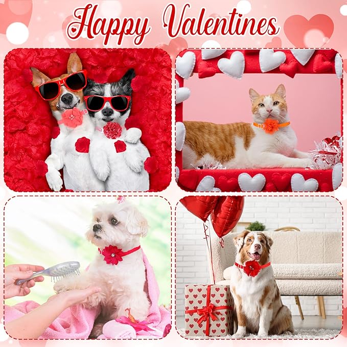 Reginary 100 Pcs Valentine's Day Dog Collar Flowers Bulk Flowers Pet Bows Floral Cat Accessory Adjustable Nylon Multicolor Pet Bowties Floral Collar for Small Pets(Romantic Color)